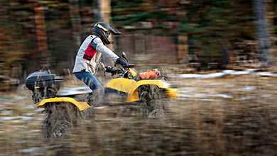 Person in helmet on yellow ATV speeds through muddy woods, background blurred.