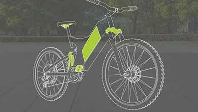 Stylized white-line illustration of a mountain bike with bright green accents on the battery, seat, pedals, and suspension
